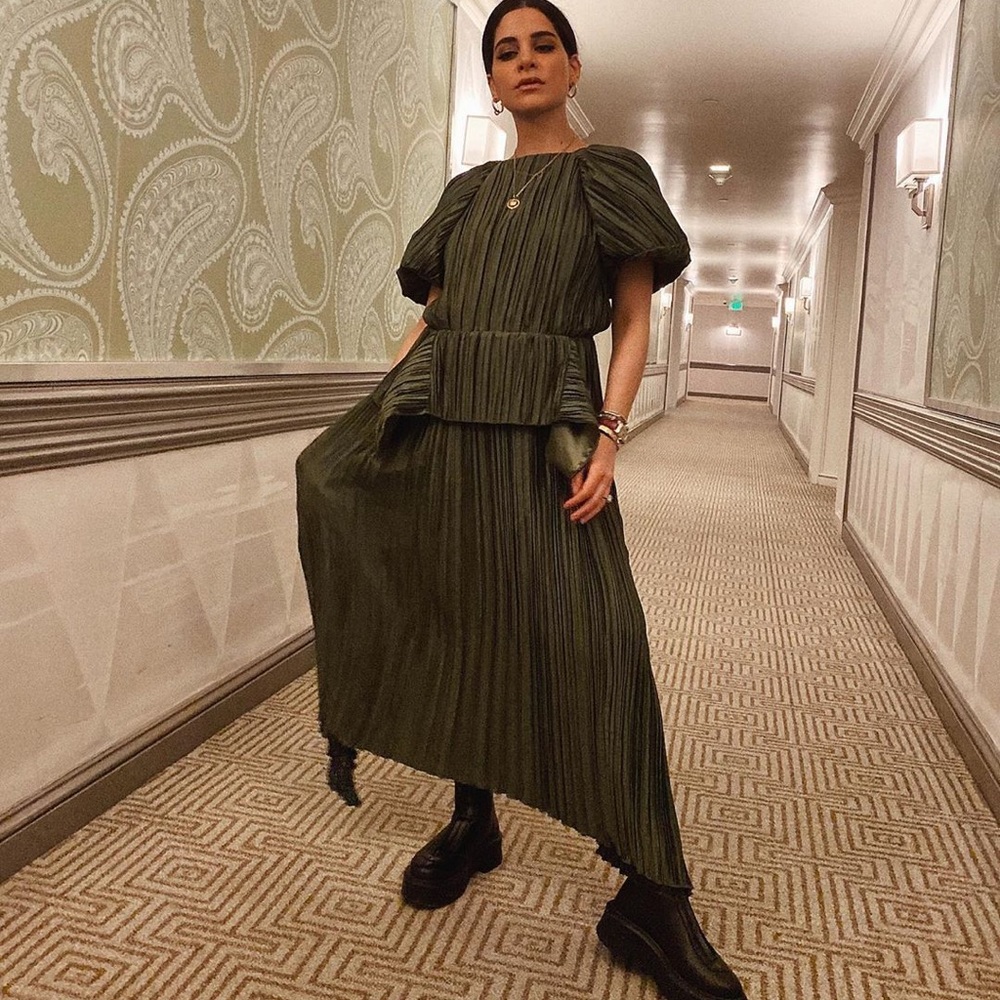 Cult Gaia Olive Green Pleated Dress